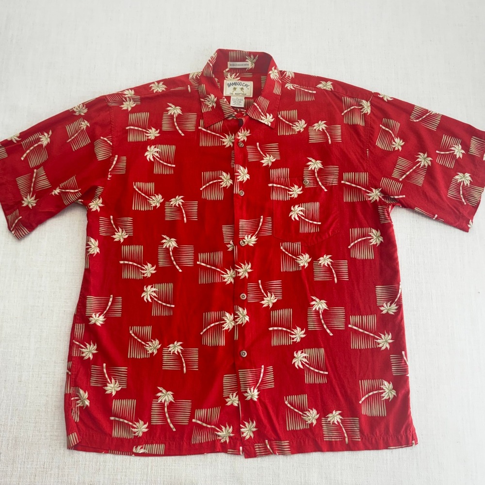 Bamboo Cay Mens XL Red Palm Tree Print Viscose Rayon Camp Shirt Resortwear